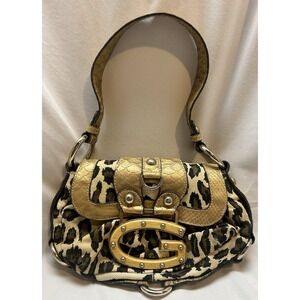 GUESS  VTG Y2K Leopard Print Canvas Shoulder Bag Gold G Logo Animal Print Purse